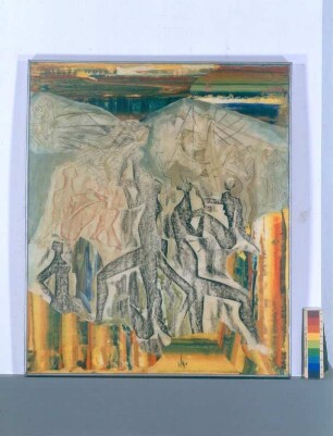 Abstrahierte Komposition Dancing Figures : Abstrahierte Komposition Dancing Figures. Papiercollage, Teilzeichnung, Frottage unter Polyesterschmelze; 68,5 x 58 cm (mit Rahmen). 1977