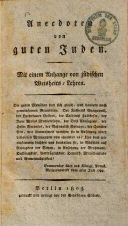 Anecdoten von guten Juden : mit einem Anhange von jüdischen Weisheits-Lehren