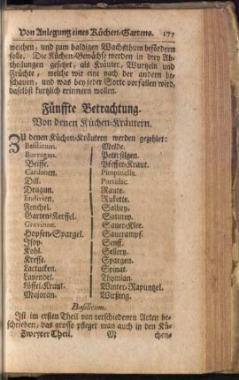 Fünffte Betrachtung. Von denen Küchen-Kräutern