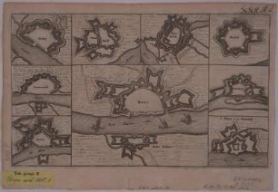 Festungspläne von Rheinberg, Köln, Bonn, Koblenz, Mainz, Frankenthal, Landau, Philippsburg, Mannheim, Fort Louis, Straßburg, Breisach, Freiburg, Huningue, Basel, Maastricht, Trier, Mont Royal, Luxemburg, Saarlouis, Kupferstiche, um 1680 : Rhynberk : cum Privil. Ord. General Belgii Foederati. - [Versch. Maßst.] - Amstelodami : Nicolaus Visscher , [um 1680]. - 20 Pläne auf 2 Bl. : Kupferstich ; je 28 x 45 cm Enth. Fortifikationspl. von: Cöln, Bonn, Coblentz, Mayntz, Frankendal, Landaw, Philipsburg, Manheim, Fort Louis, Strasburg, Brisach, Freiburg, Huningen, Basel, Maastricht, Trier, Mont Royal, Luxemburg, Sarlouis. - W oben. - Titel in d. Mitte