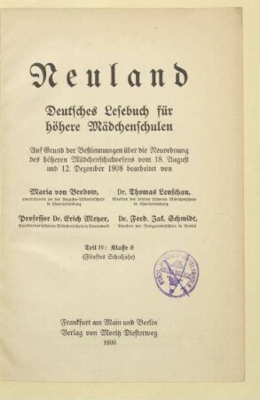 Teil 4, [Schülerband]: Klasse 6 (fünftes Schuljahr) : deutsches Lesebuch für höhere Mädchenschulen