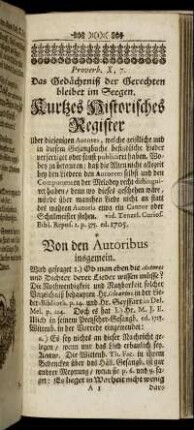 Das Gedächtniß der Gerechten bleibet im Seegen. Kurtzes Historisches Register.
