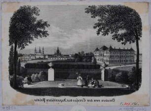 Stadtansicht von Dresden, Blick vom Wall des Gartens des Japanischen Palais auf das Japanische Palais und im Hintergrund die Altstadt (spiegelverkehrt)