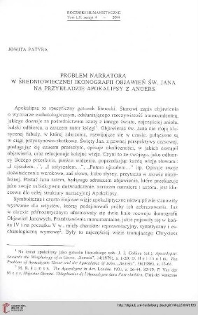 52: Problem narratora w średniowiecznej ikonografii objawień św. Jana na przykładzie Apokalipsy z Angers : =
