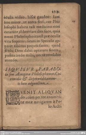Sequitur Parabola seu Aenigma Philosophicum, Coronidis & Superadditamenti loco adjunctum