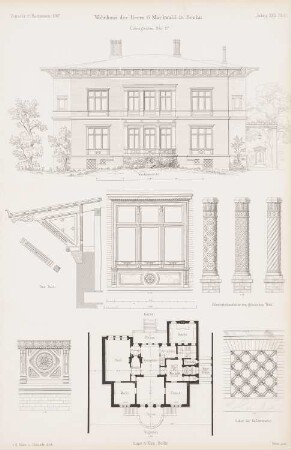 Wohnhaus des Herrn G. Markwald, Berlin: Grundriss, Vorderansicht, Details (aus: Atlas zur Zeitschrift für Bauwesen, hrsg. v. G. Erbkam, Jg. 17, 1867)