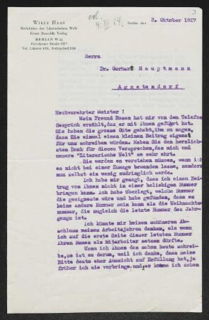 Brief von Willy Haas an Gerhart Hauptmann