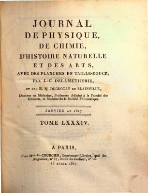 Journal de physique, de chimie et d'histoire naturelle. 84. 1817 = [T. 41]