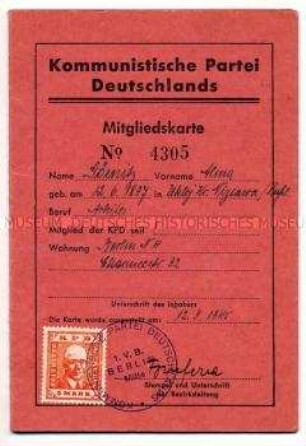 Mitgliedskarte KPD von Alma Görnitz