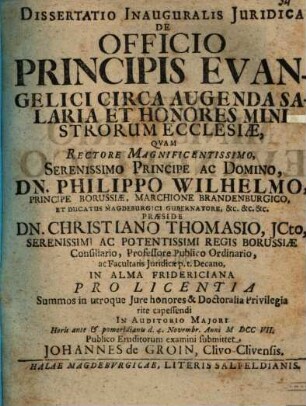 Dissertatio Inauguralis Juridica, De Officio Principis Evangelici Circa Augenda Salaria Et Honores Ministrorum Ecclesiæ