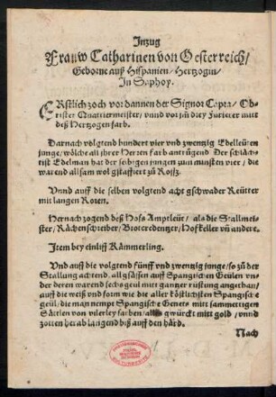 Inzug Fraw Catharinen von Oesterreich/ Geborne auß Hispanien/ Hertzogin/ In Saphoy.