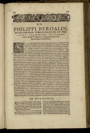 Dn. Philippi Beroaldi, Bononiensis, Iurisconsulti Et Philologi Celeberrimi, in Commentarios Servii Vergilianos, Animadversiones & Annotationes doctissimæ.