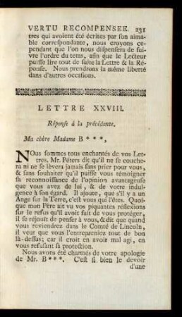 Lettre XXVIII. Réponse à la précédente. Ma chère Madame B***, ...