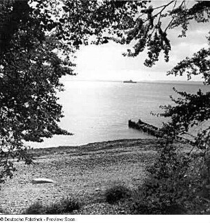 Ostseeküste. Rügen. Schorre mit Pfahlbuhne bei Saßnitz. Blick nach Süden über die Prorer Wiek auf Mönchgut