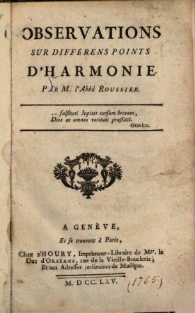 Observations sur differens points d'Harmonie