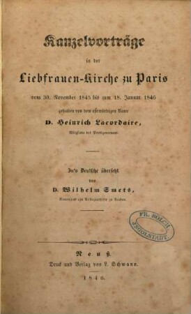 Kanzelvorträge in der Liebfrauen-Kirche zu Paris : vom 30. November 1845 bis zum 18. Januar 1846