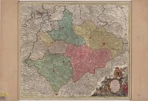 Karte vom Kreis Meißen, ca. 1:450 000, Kupferstich, nach 1757 : Marchionatus Misniae primaria Elector. Saxoniae Provincia : in Circulos suos subdivisus Accedit Ditionum regionumque circumiacentium magna pars ; Cum Priv. S. Vicar. in part. Rh. Suev. et Franc. iuris / Publici iuris fecit Tob. Conrad Lotter Chalc. et Geogr. Tob. Conr. Lotter sculpsit. - [Ca. 1:420 000]. - Aug. Vind. , [nach 1757]. - 1 Kt. : kolor. Kupferst. ; 57 x 49 cm