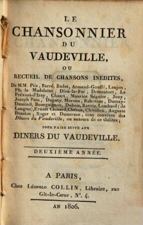 Le chansonnier du vaudeville ou recueil de chansons inedites, 2. 1806