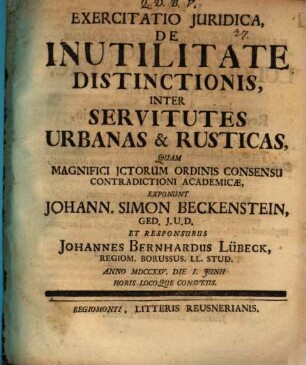 Exercitatio Juridica, De Inutilitate Distinctionis, Inter Servitutes Urbanas & Rusticas