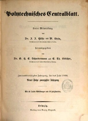 Polytechnisches Centralblatt. 1866 = N.F. 20 = Jg. 32