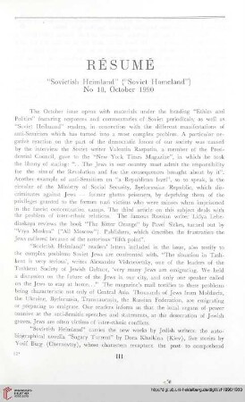 Résumé „Sovietish Heimland“ („Soviet Homeland“) No. 10, October, 1990