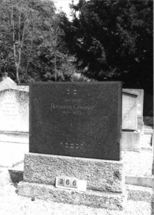 Grabstein 366 (Index: 99797242) Material: Granit Zustand: gut Maße HxBxT: 134x106x14 cm Beschreibung: Stele, breit, getreppter Sockel, gerader Abschluß: Grabstein 366
