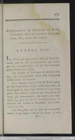 Administration du Royaume de Sicile. Comment elle a été separée du continent, Iles, sureté des routes. Lettre XVII.