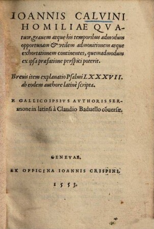 Joannis Calvini homiliae quatuor ...