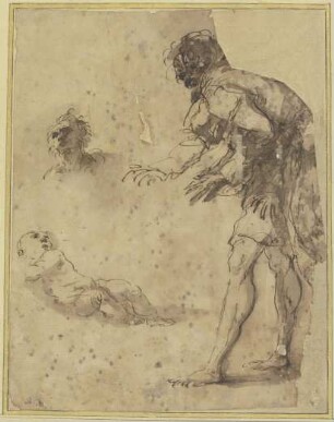 Stehender Mann mit einem Säugling am Boden; Kopfstudie
