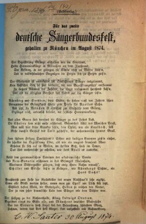 Für das zweite deutsche Sängerbundesfest, gehalten zu München im August 1874