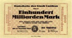 Cottbus, Stadt: 100 Milliarden Mark 1923