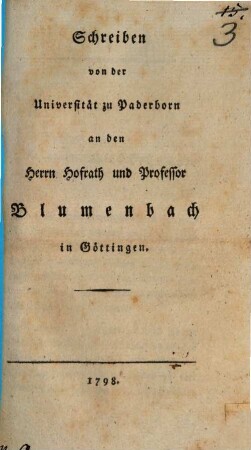 Schreiben von der Universität zu Paderborn an den Herrn Hofrath und Professor Blumenbach in Göttingen