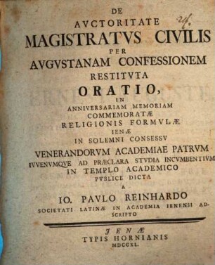 De auctoritate magistratus civilis per Augustanam Confessionem restituta oratio