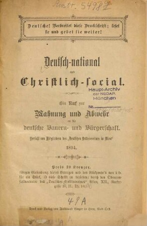 Deutsch-national und christlich-social : ein Ruf zur Mahnung und Abwehr an die deutsche Bauern- und Bürgerschaft