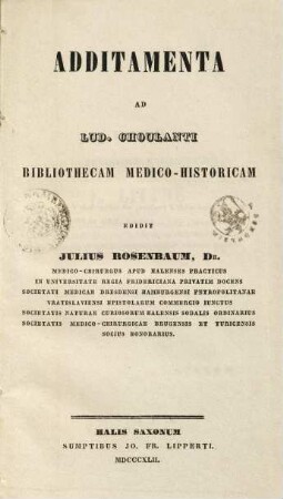 Additamenta ad L. Choulanti bibliothecam medico-historicam. 1