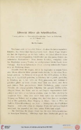 1: Albrecht Dürer als Schriftsteller : Vortrag gehalten im Historisch-Philosophischen Verein zu Heidelberg am 12. Februar 1888