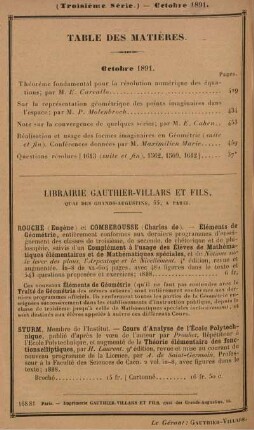 Table des matières. Octobre 1891.
