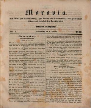 Moravia : ein Blatt zur Unterhaltung, zur Kunde des Vaterlandes, des gesellschaftlichen und industriellen Fortschrittes. 3, 3. 1840