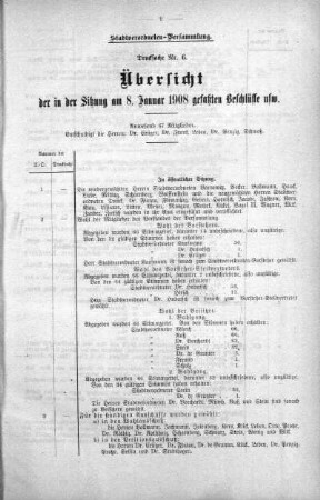 Übersicht der in der Sitzung am 8.Januar 1908 gefaßten Beschlüsse. (6), 08. Januar 1908