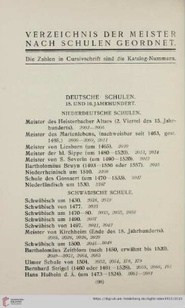 Verzeichnis der Meister nach Schulen geordnet