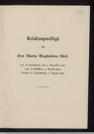 Leichenpredigt Eva Maria Magdalena Abel