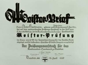 Meisterbrief Korbmacherhandwerk, 1939, Dresden