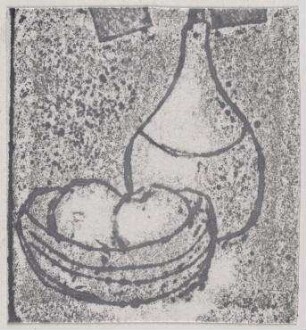 [o.T.]. Flasche und Obst in einer Schale