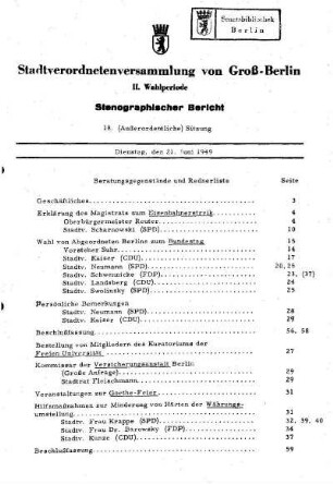 Nr. 18, 21. Juni 1949, Außerordentliche Sitzung