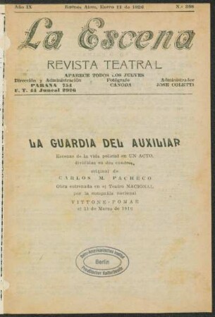 La guardia del auxiliar : escenas de la vida policial en un acto, dividadas en dos cuadros