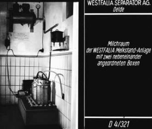 Milchraum der WESTFALIA Melkstand-Anlage mit zwei nebeneinander angeordneten Boxen