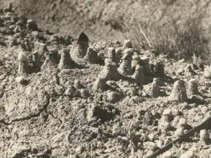 Erosionserscheinungen nach Starkregen. Mini-Erdpyramiden. Lehmgrube bei Kamenz