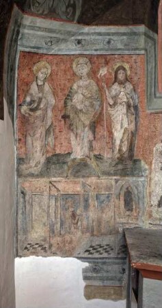 Frankfurter Wandmalerei der Kreuzigung Christi — Muttergottes mit Heiliger Agnes und Johannes dem Täufer mit Stifter (linkes Bildfeld)
