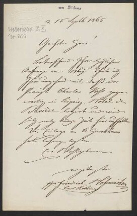 Brief an Friedrich Wilhelm Jähns : 15.09.1865