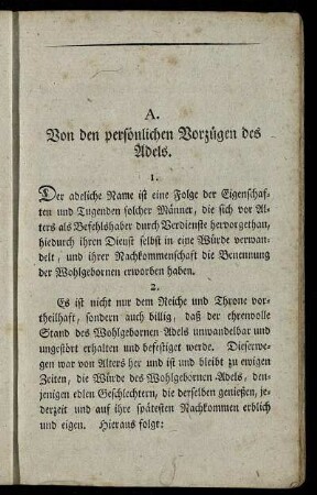 A. Von den persönlichen Vorzügen des Adels.